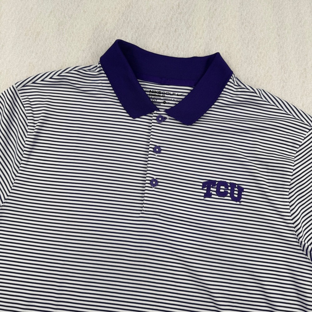 Nike Dri-FIT TCU Horned Frogs NCAA Mens M Short Sleeve Polo Purple Striped